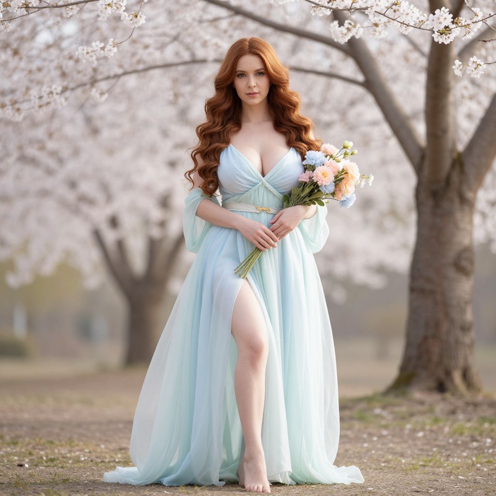 Red-Haired Woman in Flowing Blue Dress with Flowers Among Cherry Blossoms