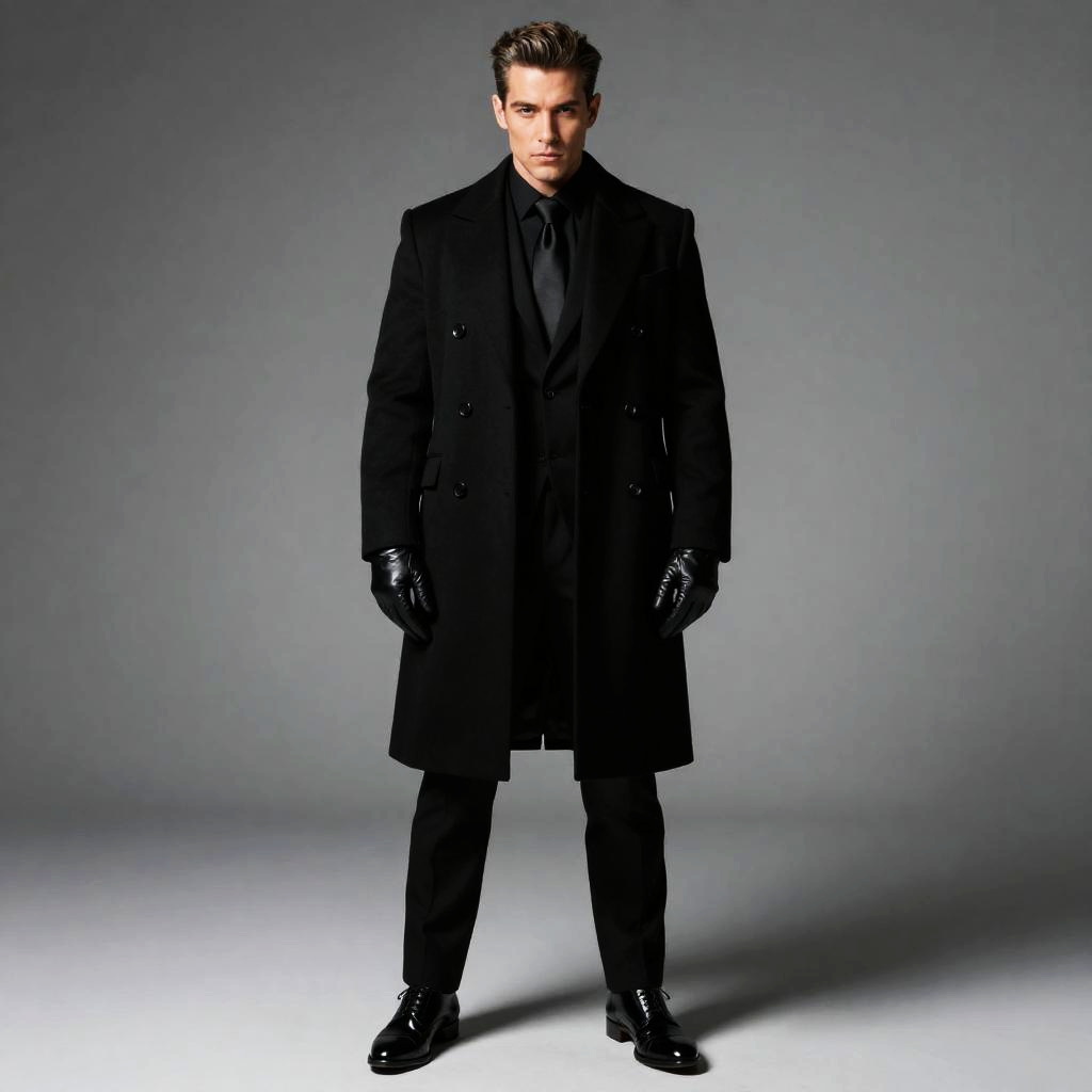 Stylish Man Wearing Black Double-Breasted Coat and Suit