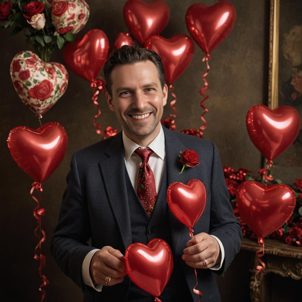 Man in suit with heart balloons and Valentine's decor