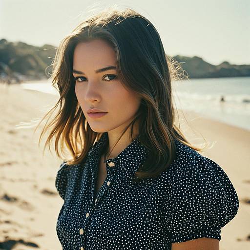 Young Woman in Polka Dot Blouse on Sunlit Beach