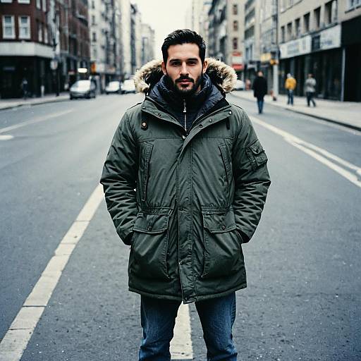 Man Wearing Green Parka Coat and Jeans Standing on City Street