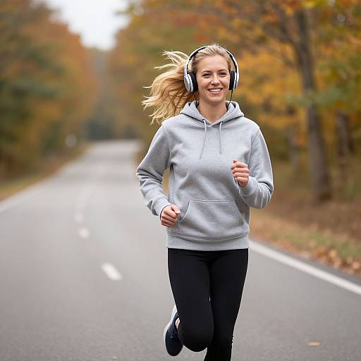 Woman Jogging Outdoors in Autumn with Headphones