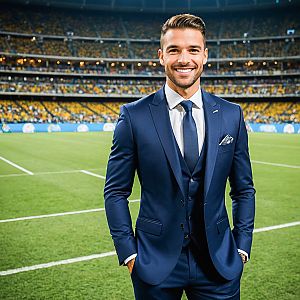 Stylish Man on Sports Field with Fans