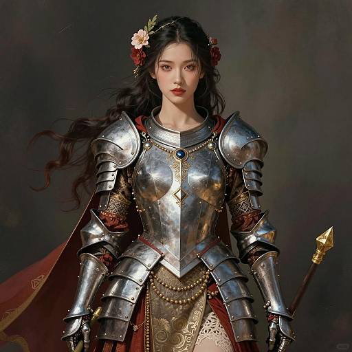 Medieval Fantasy Woman in Ornate Armor with Floral Headpiece