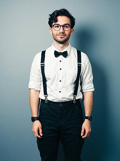 Man in Nerd Costume with Glasses and Suspenders Full Body Cosplay Photo