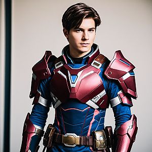 Confident Young Man in Futuristic Armored Costume