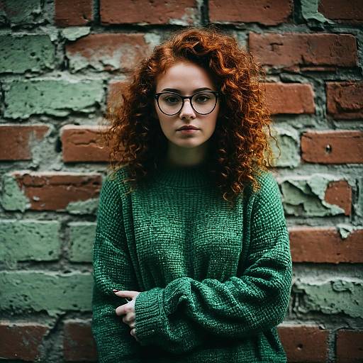 Young Woman with Curly Red Hair Wearing Green Sweater Against Brick Wall