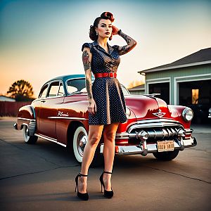 Confident Vintage Woman with Classic Car at Sunset