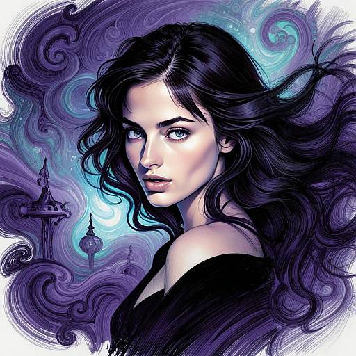 Digital Fantasy Portrait of Woman with Flowing Purple Hair and Mystical Background