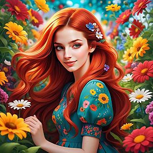 Whimsical Young Woman in Floral Garden