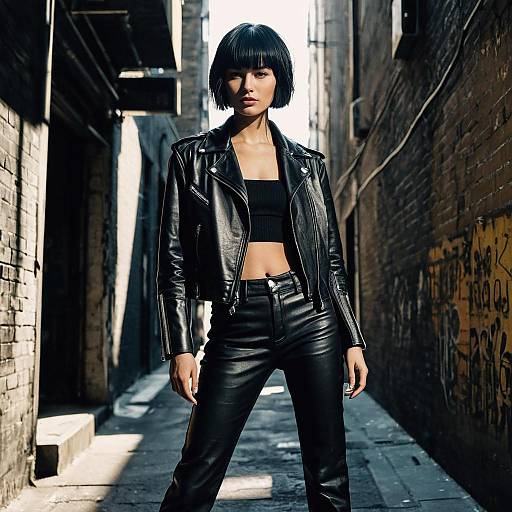 Confident Woman in Black Leather Outfit Standing in Urban Alleyway