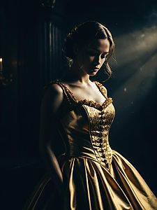 Woman in Golden Belle Dress Waist Up Editorial Portrait Photorealistic