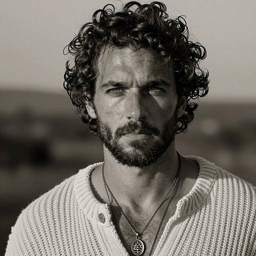 Black and White Portrait of Man with Curly Hair and Beard in Knit Sweater