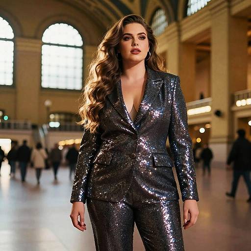 Confident Woman in Sequined Suit in Elegant Grand Interior