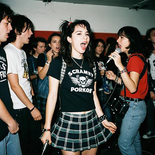 Energetic Punk Rock Concert with Young Women Singing and Crowd Engagement
