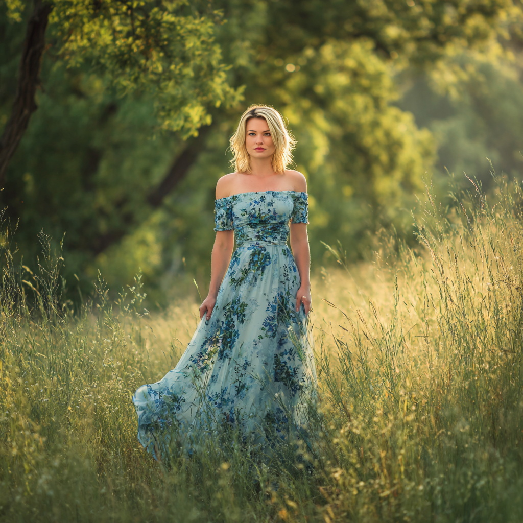 Blonde Woman in Blue Floral Dress in Meadow Blonde Woman in Blue Floral Dress in Meadow