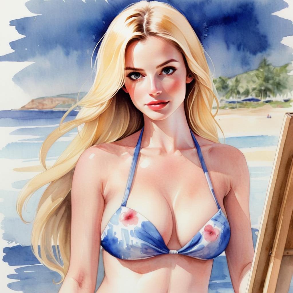 Digital Portrait of Blonde Woman in Blue Bikini on Beach - Artistic Illustration