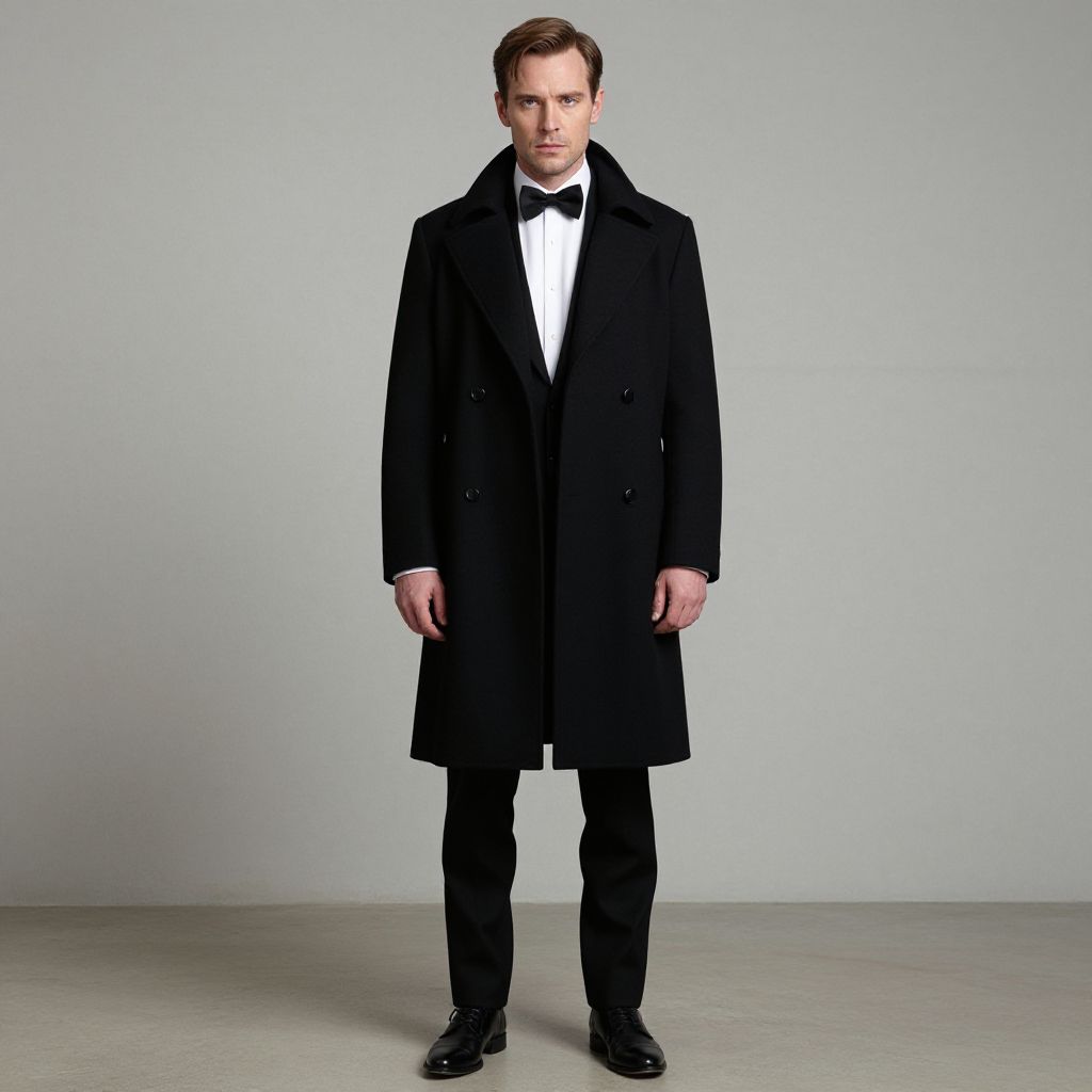Elegant Man in Black Overcoat and Classic Tuxedo