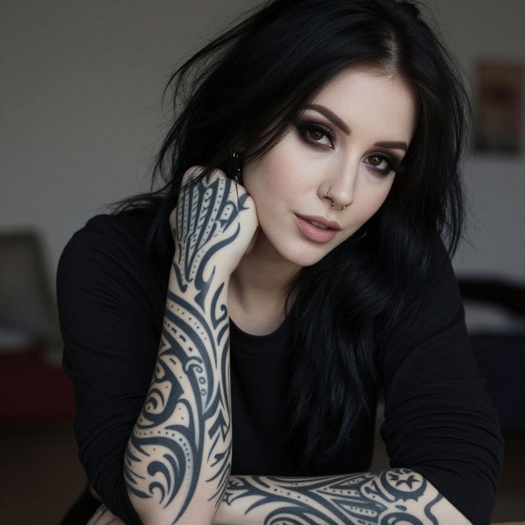 Portrait of Woman with Tribal Forearm Tattoos and Smoky Eye Makeup