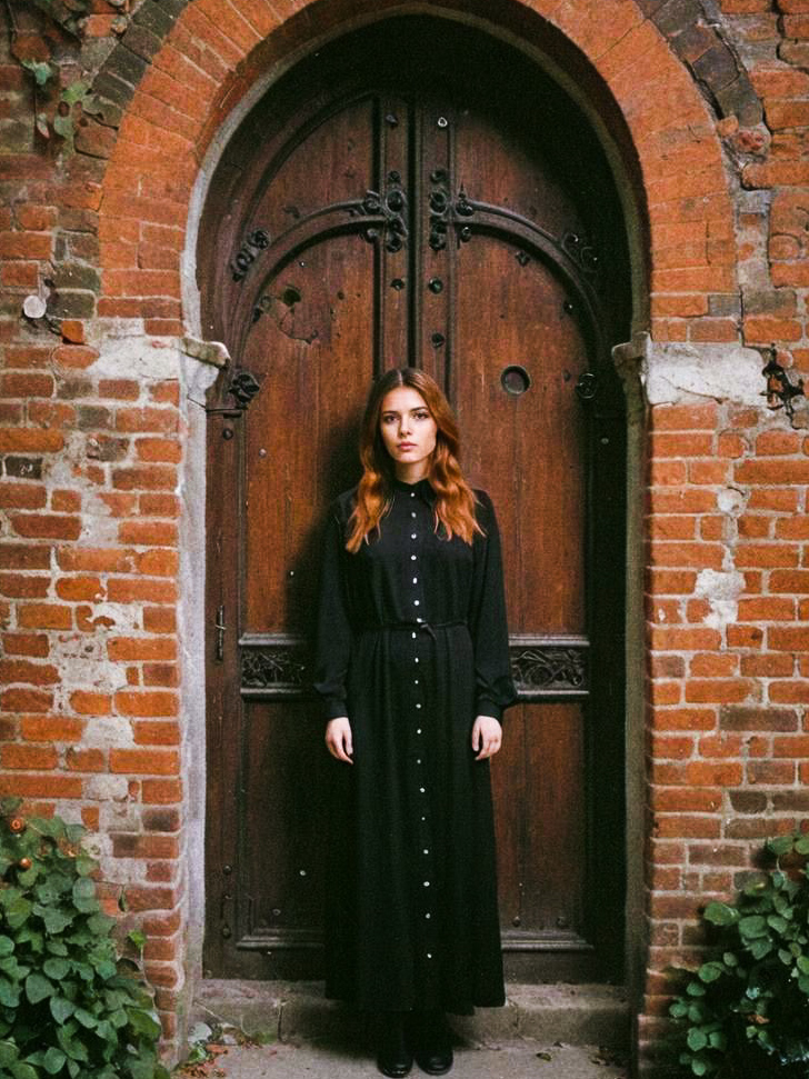 Elegant Woman in Black Dress by Ornate Door