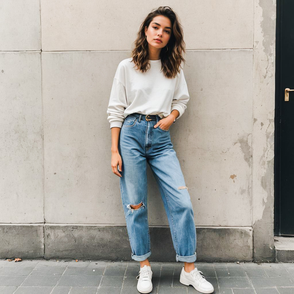 Fashionable Young Woman in Cozy Sweater and Ripped Jeans