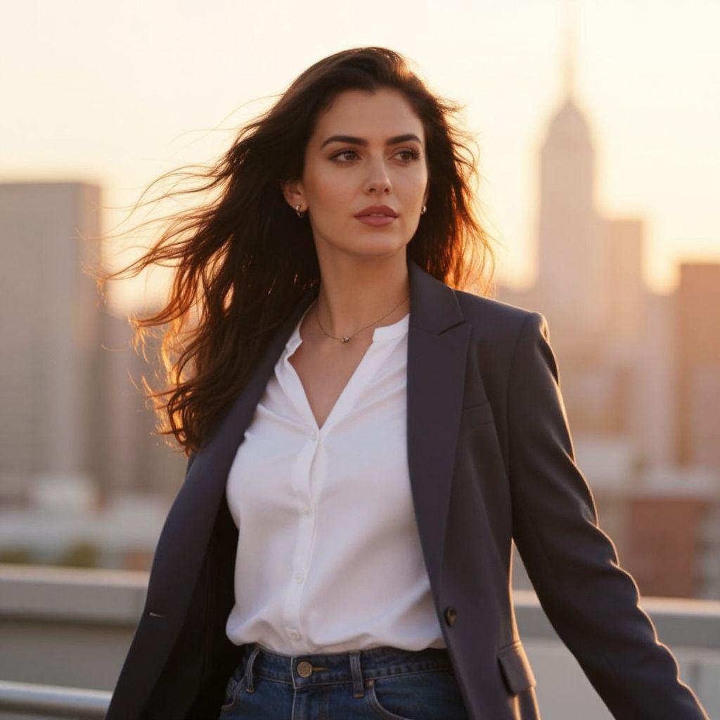 Confident Woman in Blazer and Jeans on Rooftop at Sunset