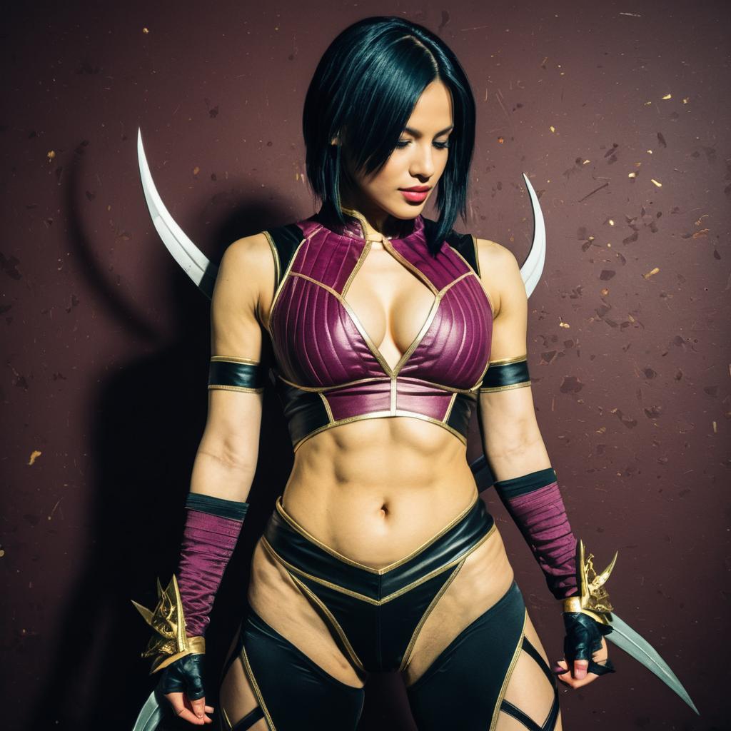 Fantasy Warrior Woman Cosplay in Purple and Black Armor with Bladed Accessories