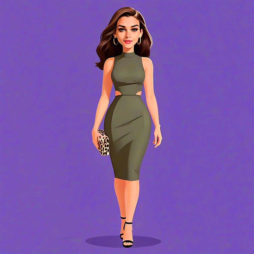 Stylish Woman in Olive Green Bodycon Dress with Leopard Print Clutch Digital Illustration