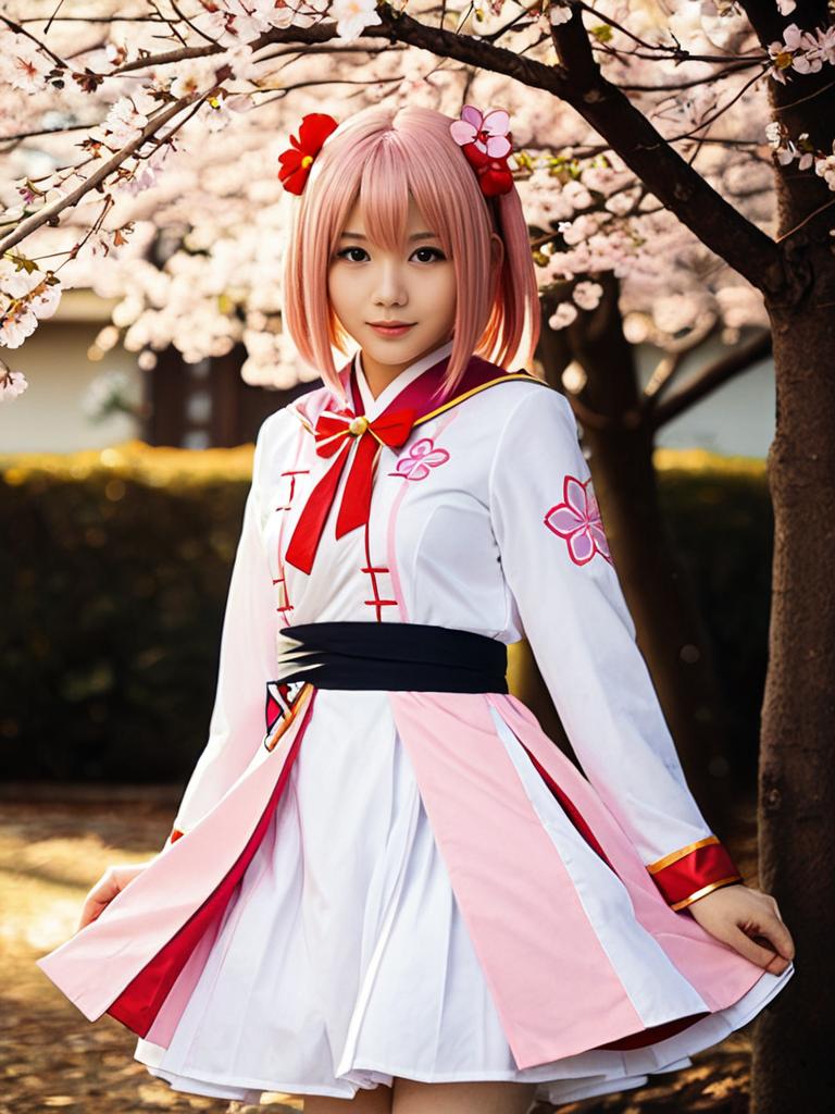 Realistic Sakura Kinomoto Cosplay Woman in Cherry Blossom Setting