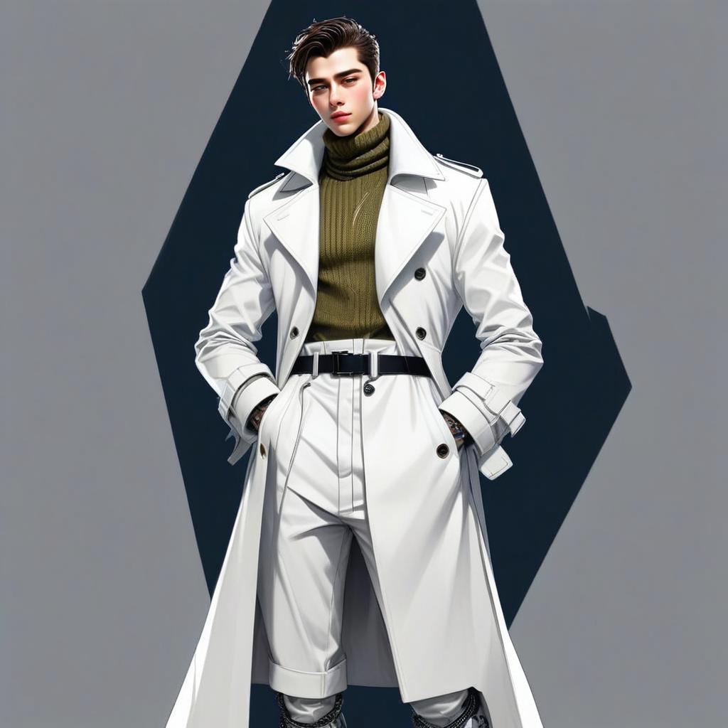 Stylish Man in White Trench Coat and Olive Turtleneck