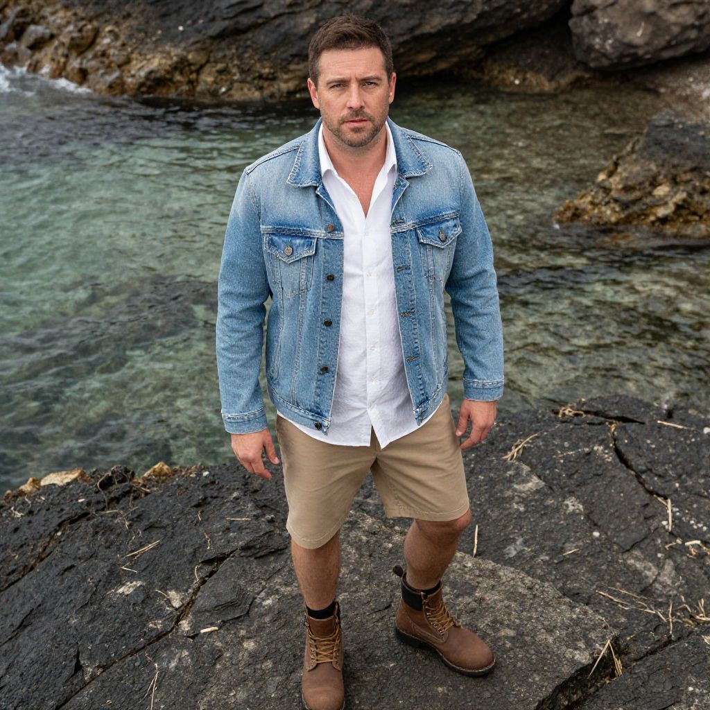Man in Denim Jacket and Boots Standing on Rocky Shoreline by Clear Water