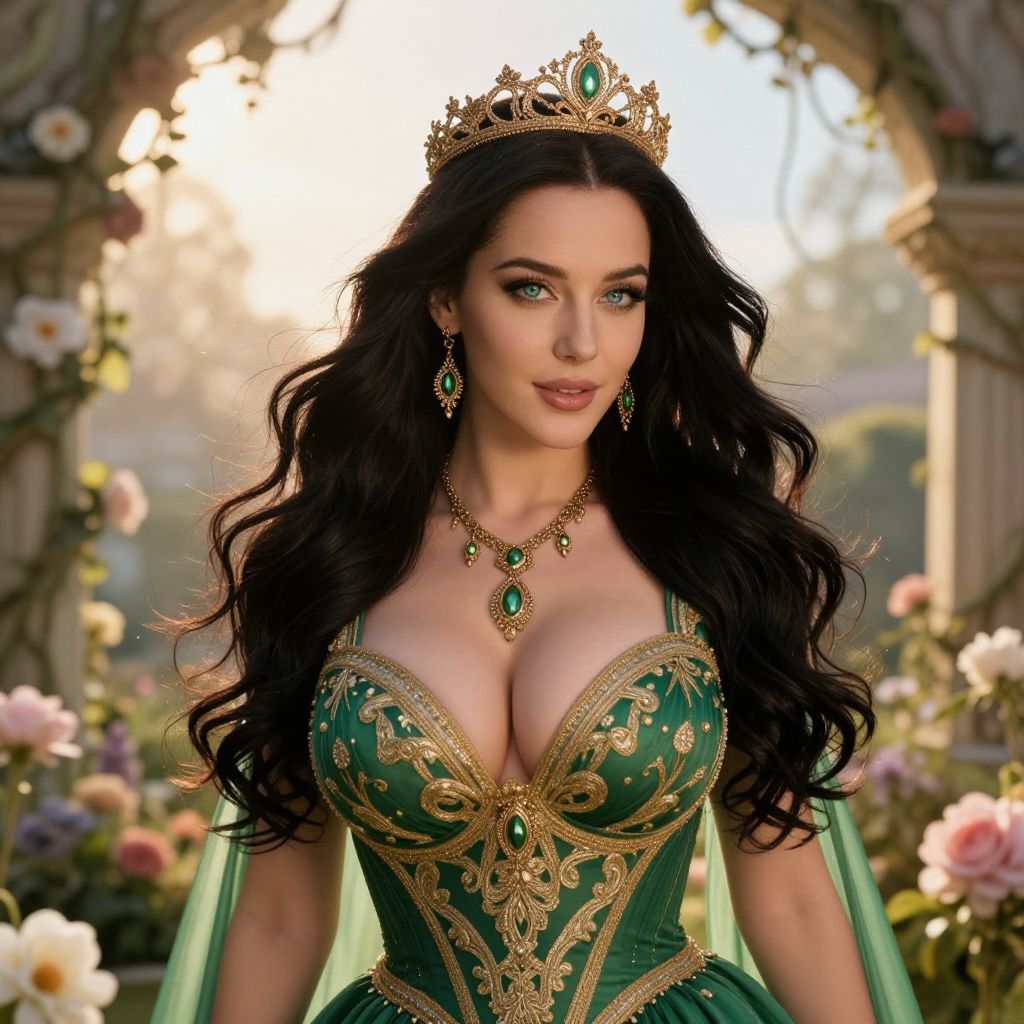 Elegant Woman in Green and Gold Gown with Crown in Garden