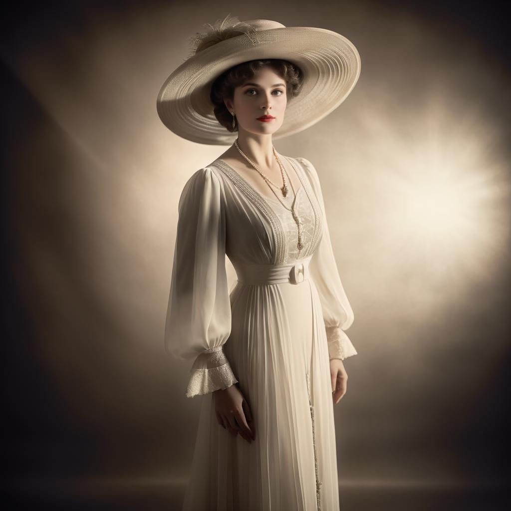 Elegant Woman in Vintage White Gown and Hat