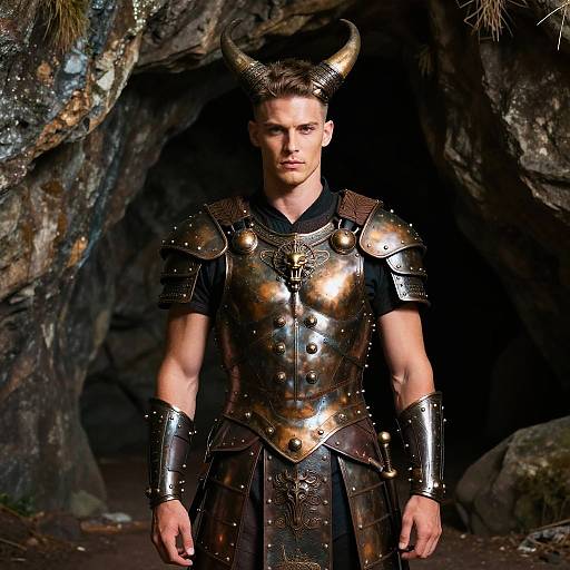 Young Man in Fantasy Warrior Armor with Horned Helmet Standing by Cave
