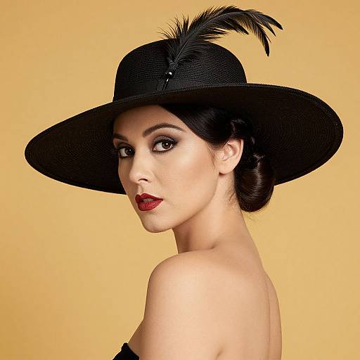 Elegant Woman in Vintage Black Hat with Feather Accessory