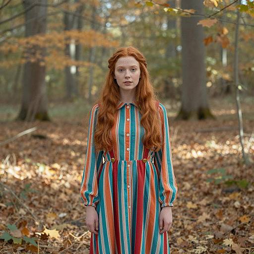 Young Woman in Vintage Striped Dress Standing in Autumn Forest