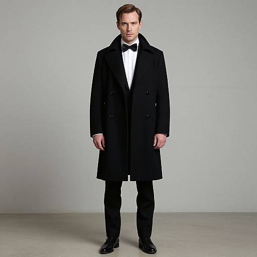 Elegant Man in Black Overcoat and Classic Tuxedo