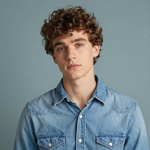 Portrait of Young Man in Denim Shirt with Curly Hair