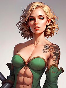 Confident Woman with Curly Blonde Hair and Green Eyes