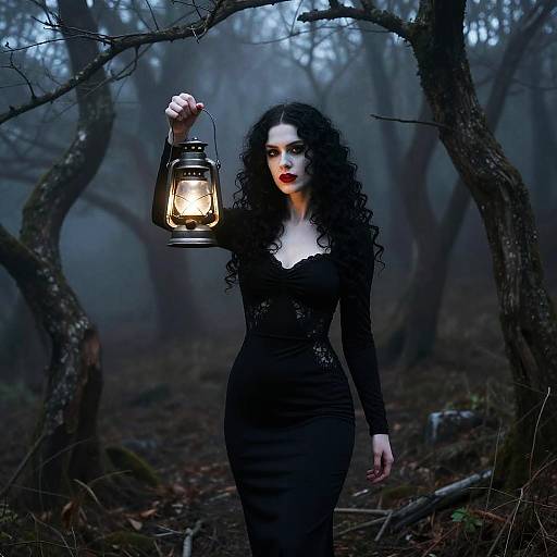 Gothic Woman Holding Lantern in Foggy Forest