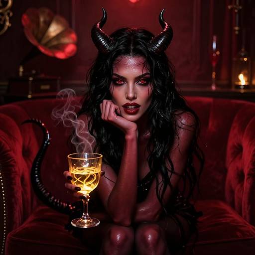 Dark Fantasy Woman with Horns Holding Glowing Drink on Velvet Sofa