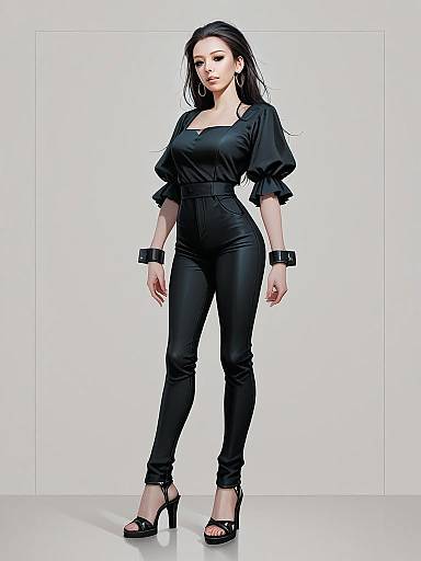 Stylish Woman in Modern Black Jumpsuit Full Body Realistic Portrait