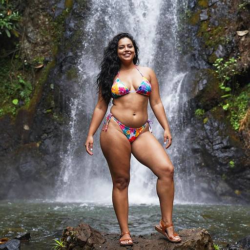 Woman in Colorful Floral Bikini Standing by Waterfall