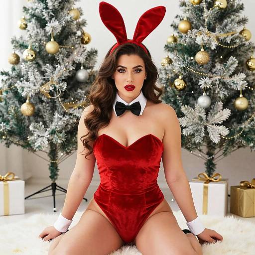 Woman Wearing Red Velvet Bunny Costume with Christmas Decorations