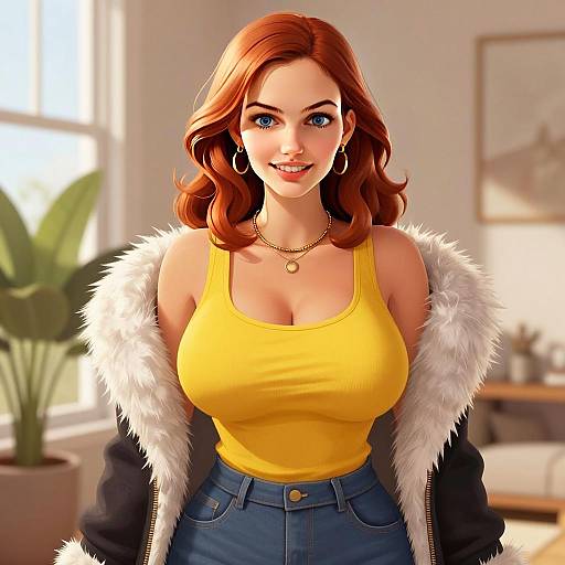 Red Haired Woman in Yellow Tank Top Digital Illustration