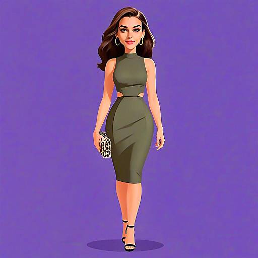 Stylish Woman in Olive Green Bodycon Dress with Leopard Print Clutch Digital Illustration