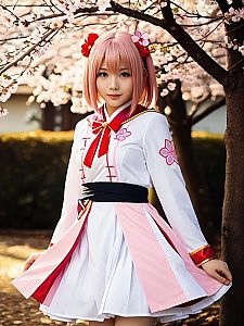 Realistic Sakura Kinomoto Cosplay Woman in Cherry Blossom Setting