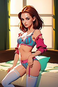 Anime Style Woman in Blue and Pink Lingerie Digital Illustration