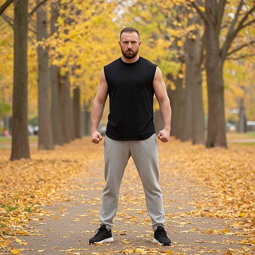 Confident Man Standing on Autumn Leaf-Covered Path