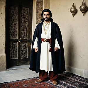 Man Wearing Traditional Persian King Costume Standing Indoors